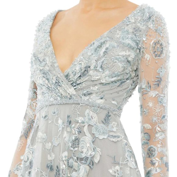 MAC DUGGAL 67869 EMBELLISHED VNECK ILLUSIONS LONG SLEEVE A-LINE PLATINUM GOWN 14 - Picture 3 of 5